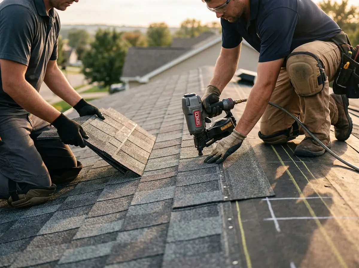 Professional roofer working on a residential roof in La Vergne